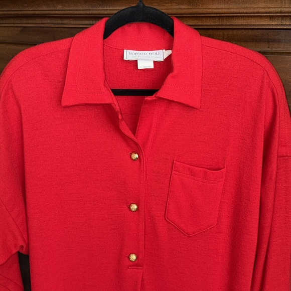 Vintage bright red Howard Wolf collared shirt dress gold tone buttons est size L - Picture 4 of 14